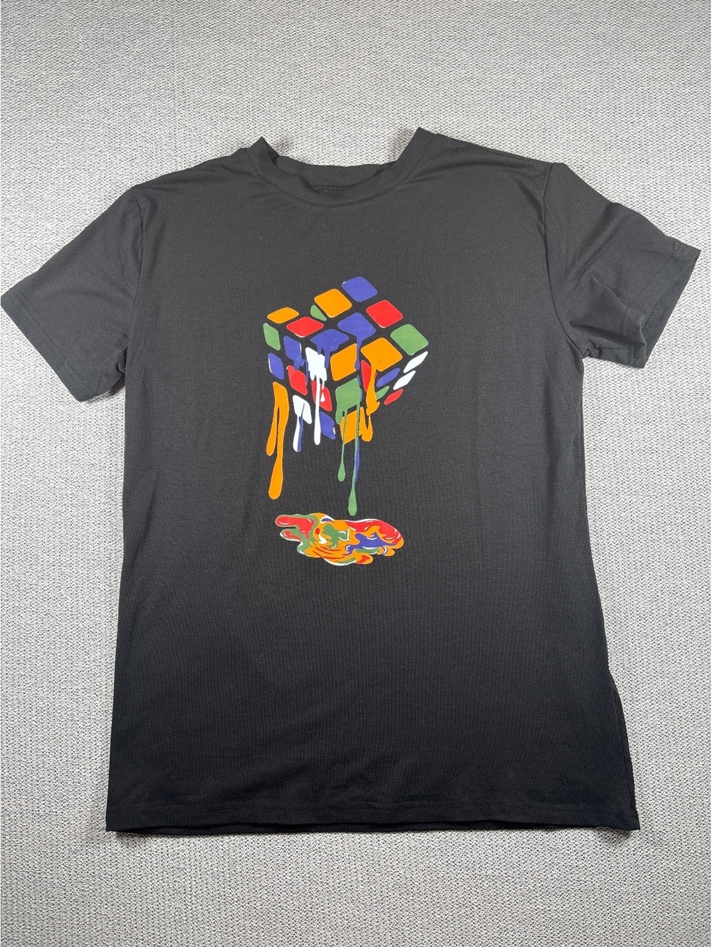 Black T-Shirt with Colorful Dripping Rubik's Cube Graphic